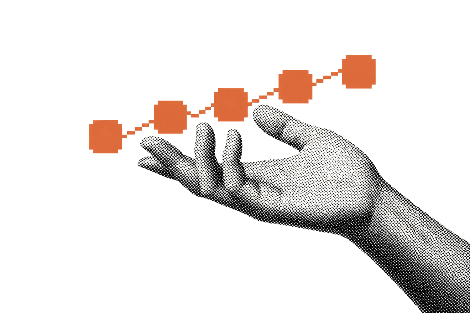 Halftone illustration of a hand presenting a chain of pixelated blocks, representing the Konfirms tamper-evident audit log